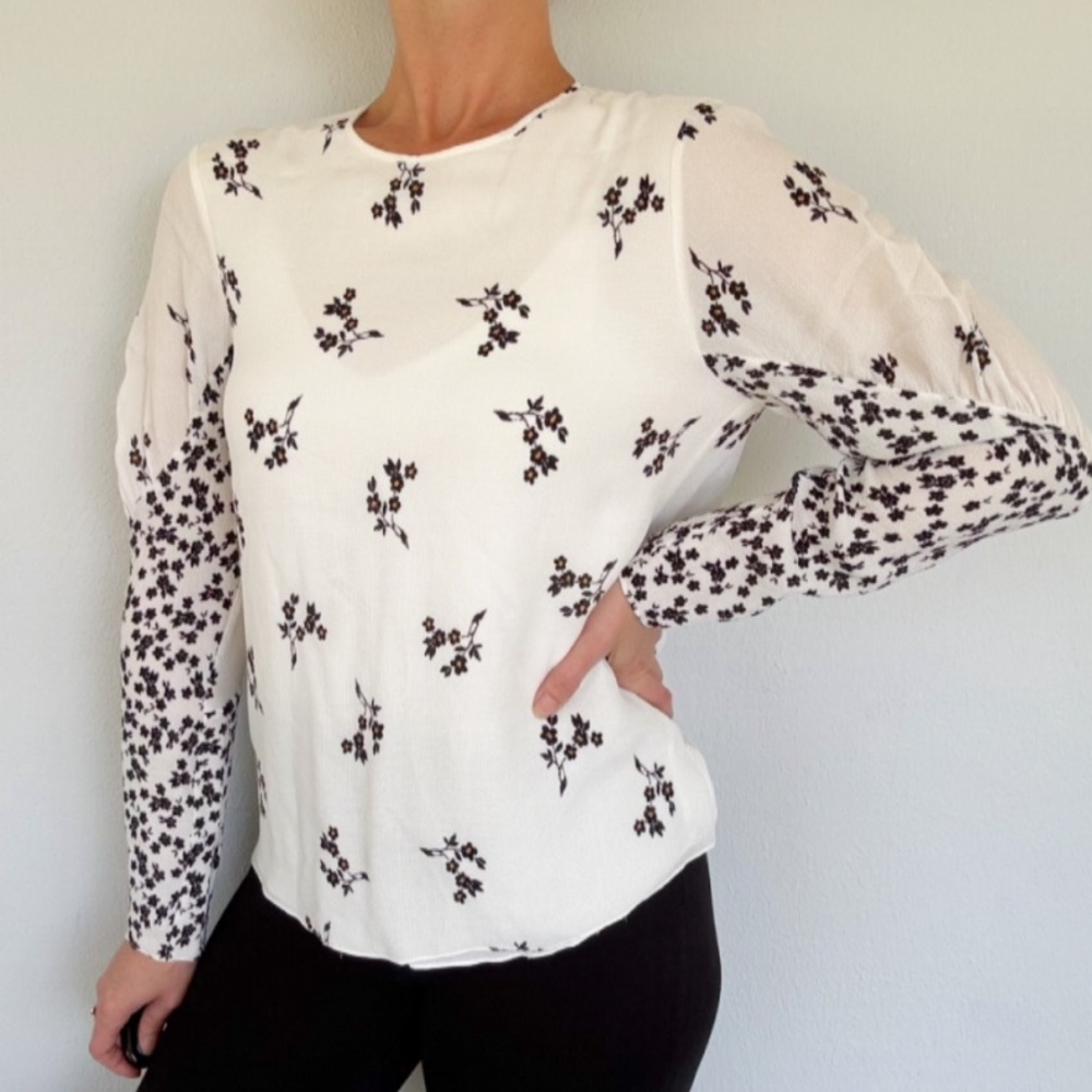 Tibi black and white floral mixed pattern long sleeve lightweight blouse size 2